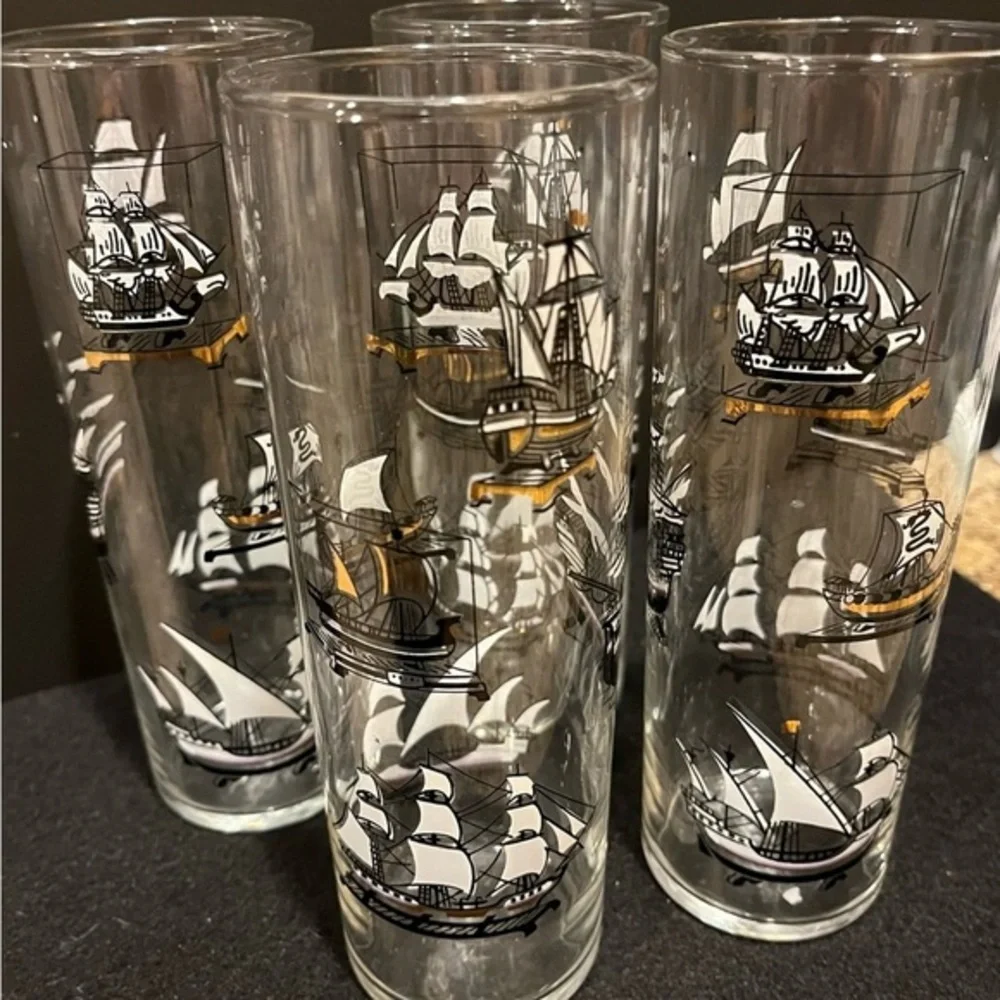 Vintage Libbey Nautical Tall Ship Design Hi Ball Glasses Set of 4